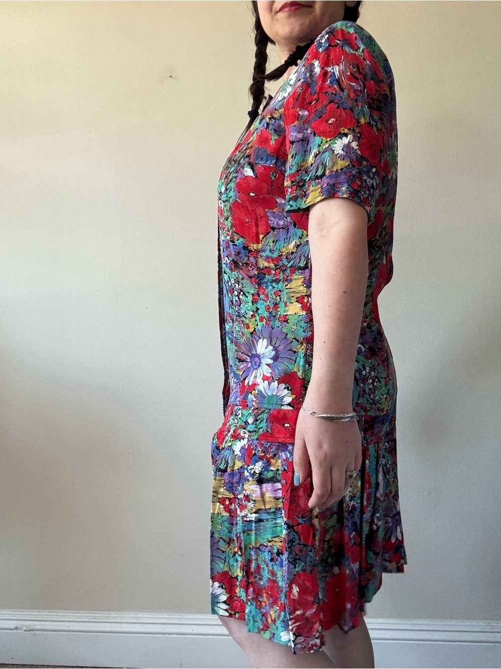 Vintage Liz Claiborne Red Multicolor Floral Button-Front Midi Dress - Picture 3 of 8